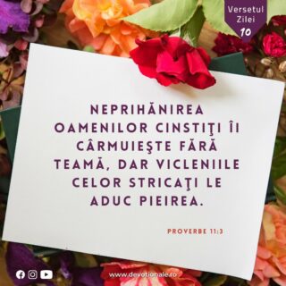 Versetul zilei:
„Neprihănirea oamenilor cinstiţi îi cârmuieşte fără teamă, dar vicleniile celor stricaţi le aduc pieirea.” Proverbe 11:3

Citește Devoționalul de astăzi și multe alte meditații biblice pe https://devotionale.ro

#devotional #devotionale #versetulzilei #Biblia #Dumnezeu #crestin #unversetpentrutine #versetedeincurajare #credinta #versetulbiblic #Bibliazidezi #versetecrestine #sfatdivin #Bibleverse #Biblewisdom
