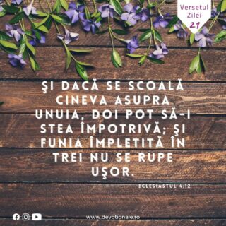 Versetul zilei:
„Şi dacă se scoală cineva asupra unuia, doi pot să-i stea împotrivă; şi funia împletită în trei nu se rupe uşor.” Proverbe 17:17

Citește Devoționalul de astăzi și multe alte meditații biblice pe https://devotionale.ro

#devotional #devotionale #versetulzilei #Biblia #Dumnezeu #crestin #unversetpentrutine #versetedeincurajare #credinta #versetulbiblic #Bibliazidezi #versetecrestine #sfatdivin #Bibleverse #Biblewisdom